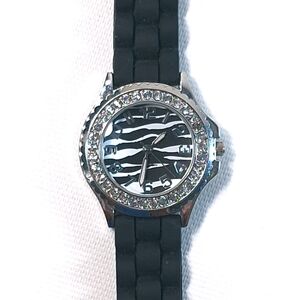 Frenzy Accutime Crystal Bezel Zebra Print Dial Black Band Watch, New Battery
